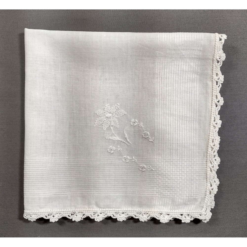 Vtg White Floral Embroidered Hankie Scalloped Lace Trim 12.25" x 13"